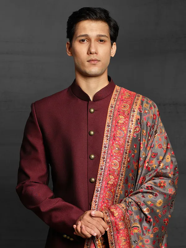 Maroon color terry rayon sherwani for wedding event