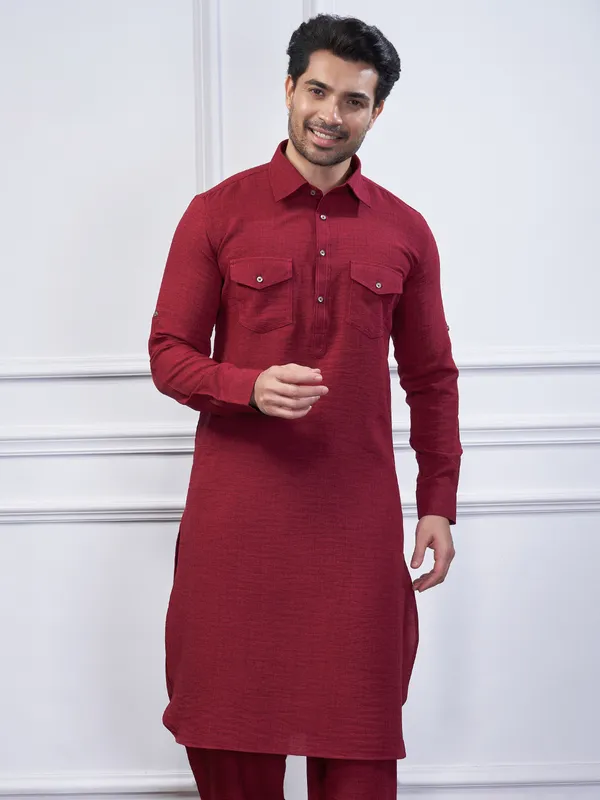 Maroon cotton festival wear pathani kurta suit