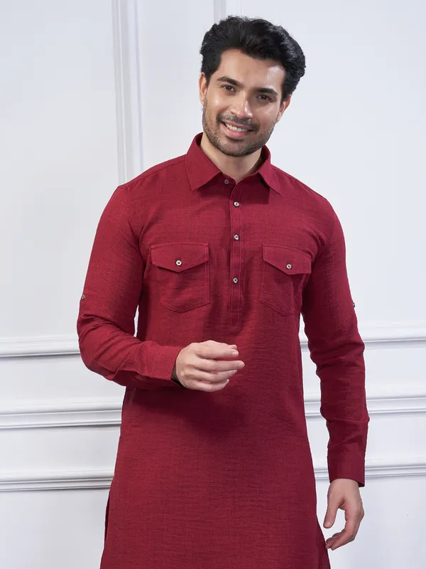 Maroon cotton festival wear pathani kurta suit