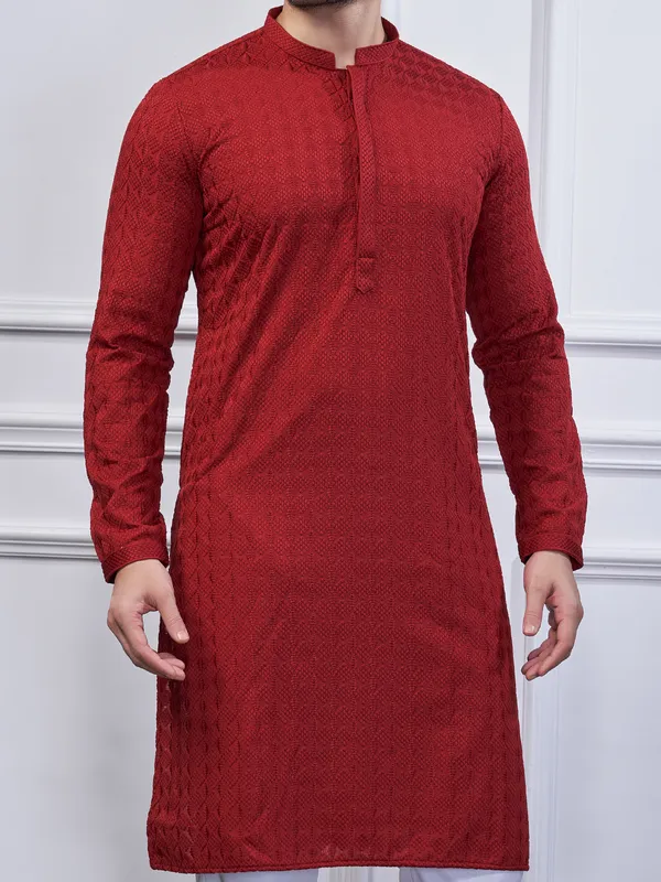 Maroon cotton kurta suit for mens wear