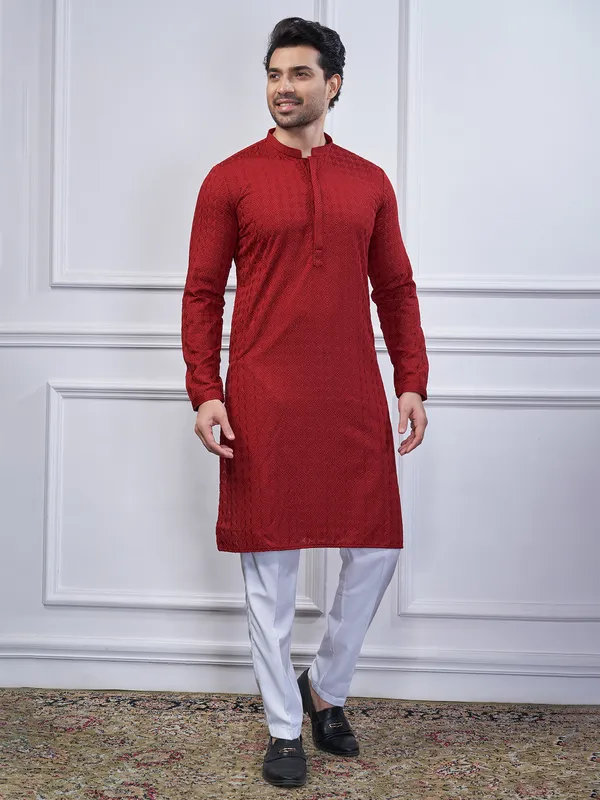 Maroon cotton kurta suit for mens wear