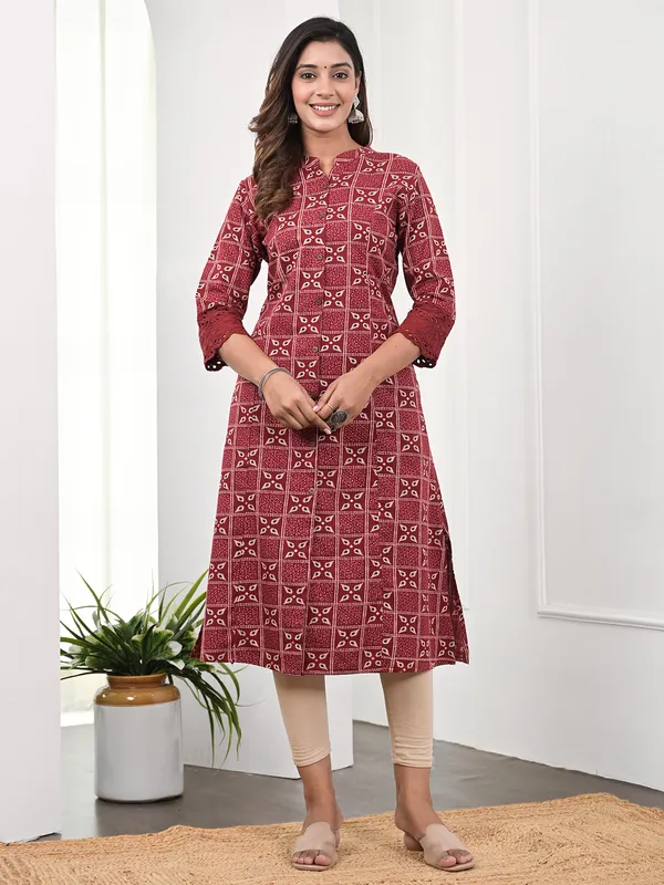Maroon cotton kurti in printed