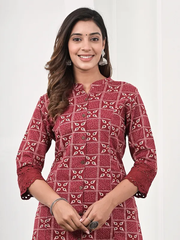 Maroon cotton kurti in printed