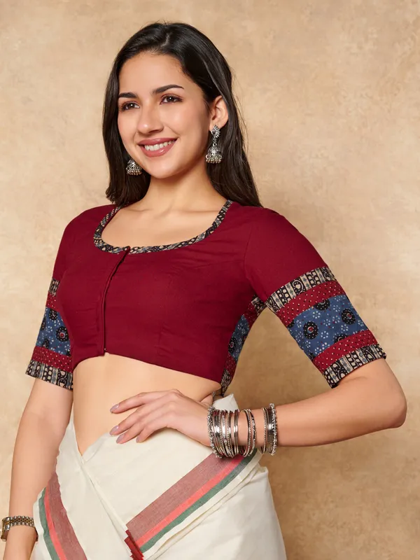 Maroon cotton round neck ready made blouse