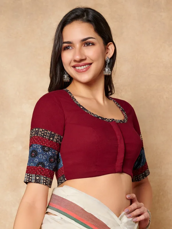 Maroon cotton round neck ready made blouse
