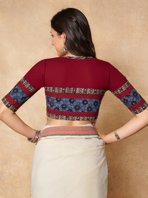 Maroon cotton round neck ready made blouse