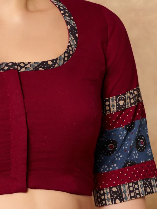 Maroon cotton round neck ready made blouse