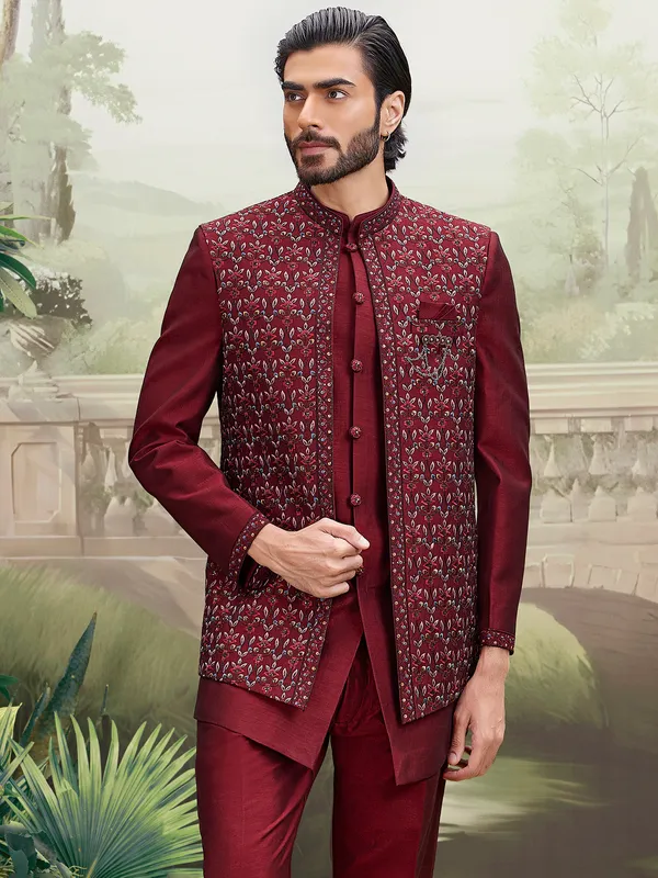 Maroon cotton silk indo western with sequins elegance