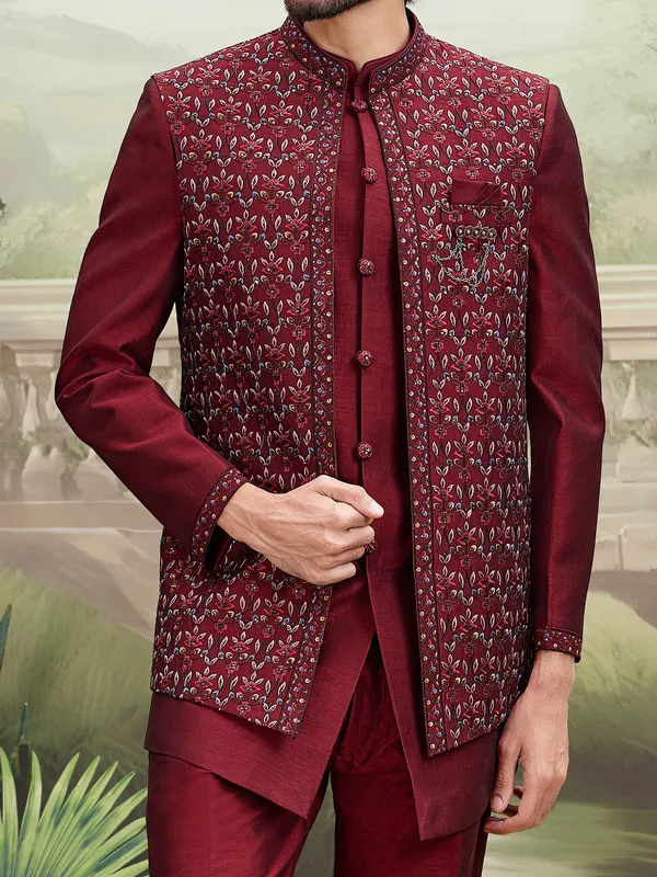 Maroon cotton silk indo western with sequins elegance
