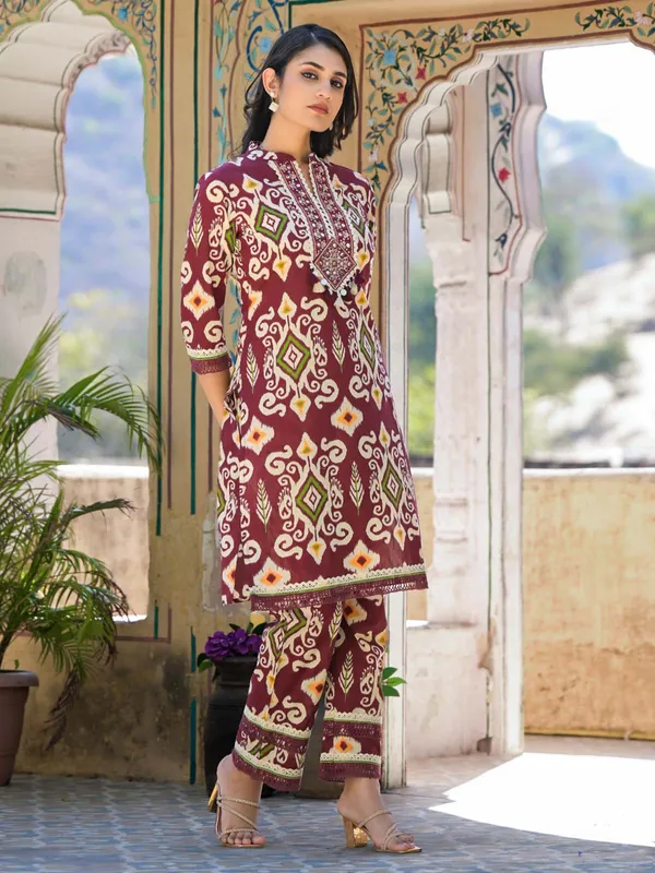 Maroon cotton silk kurti set for women