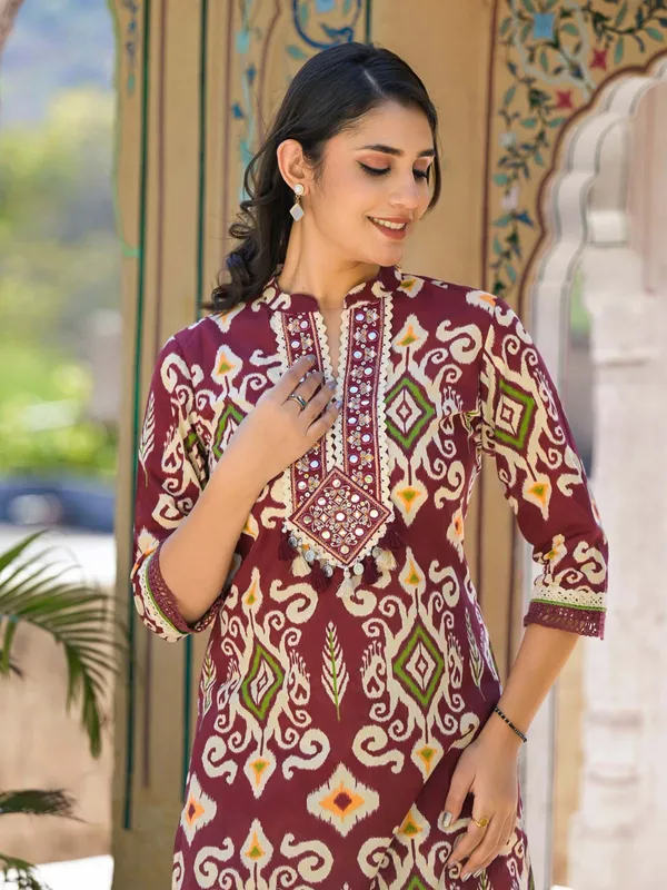 Maroon cotton silk kurti set for women