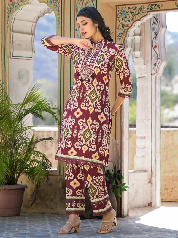 Maroon cotton silk kurti set for women