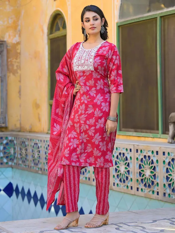 Maroon cotton silk kurti set in printed