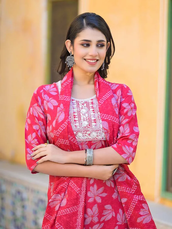 Maroon cotton silk kurti set in printed