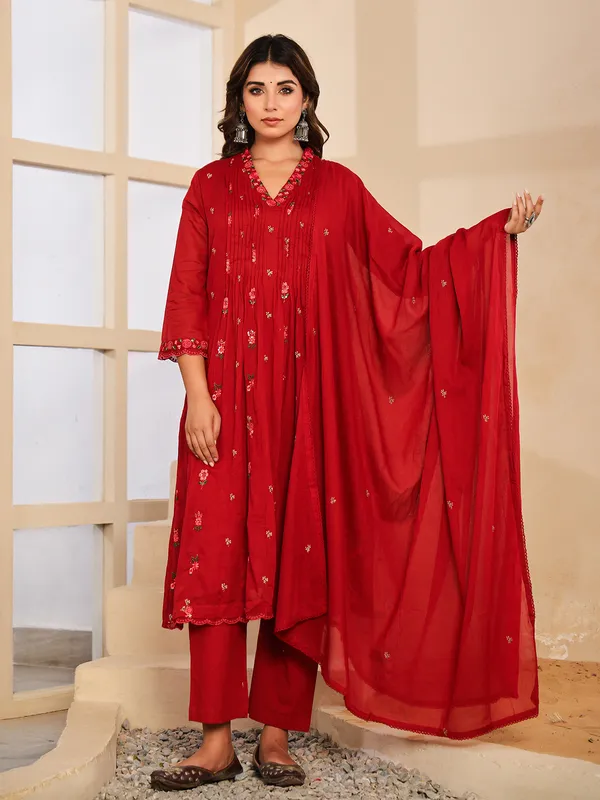 Maroon cotton silk kurti set with embroidery