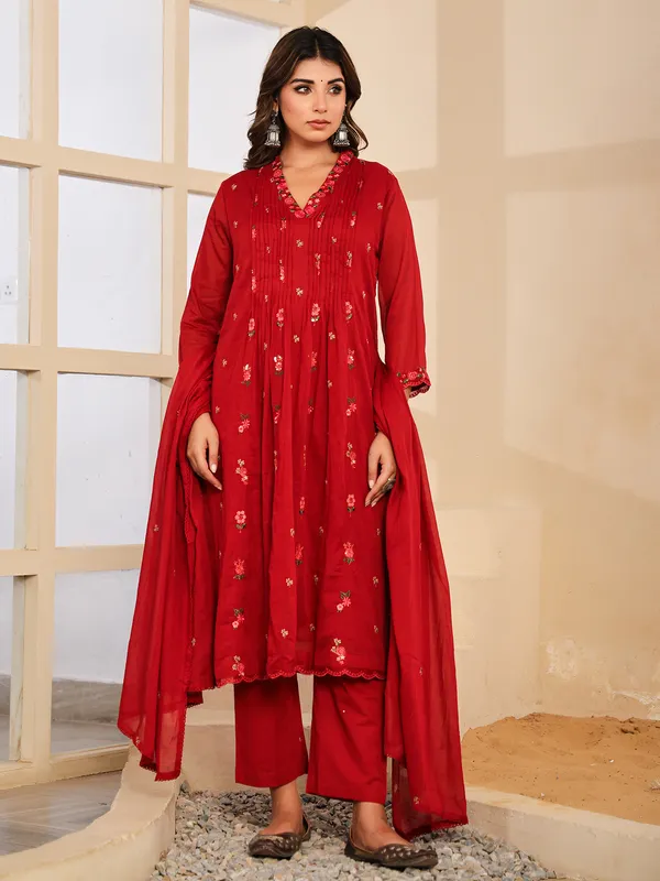 Maroon cotton silk kurti set with embroidery