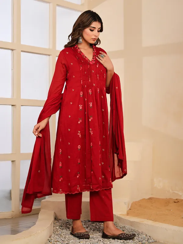 Maroon cotton silk kurti set with embroidery