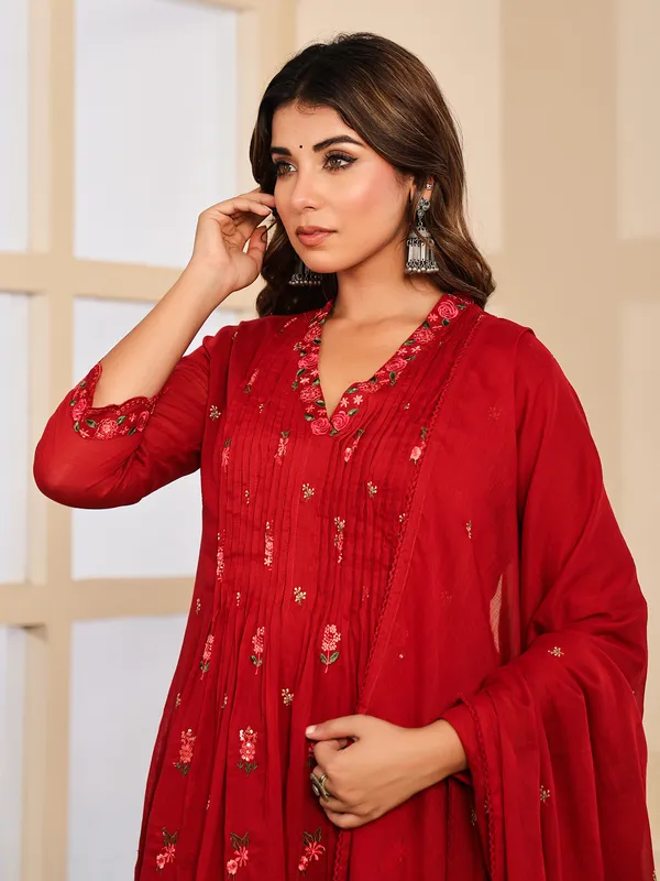 Maroon cotton silk kurti set with embroidery