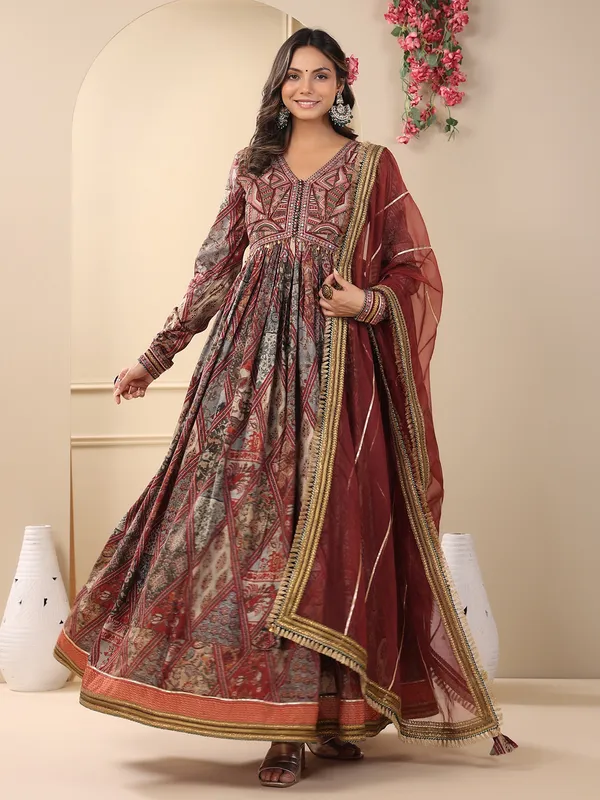 Maroon cotton silk printed anarkali style long kurti