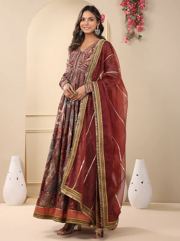 Maroon cotton silk printed anarkali style long kurti