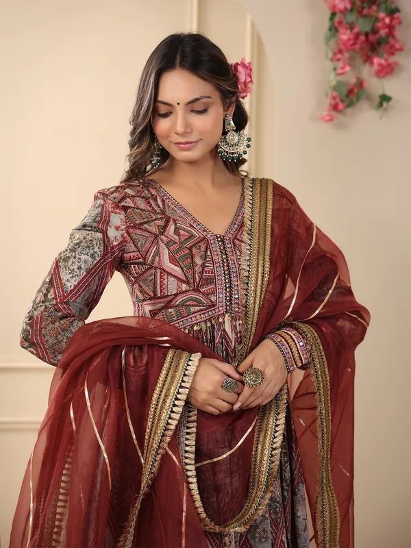 Maroon cotton silk printed anarkali style long kurti