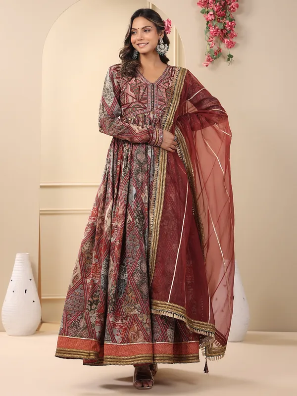 Maroon cotton silk printed anarkali style long kurti
