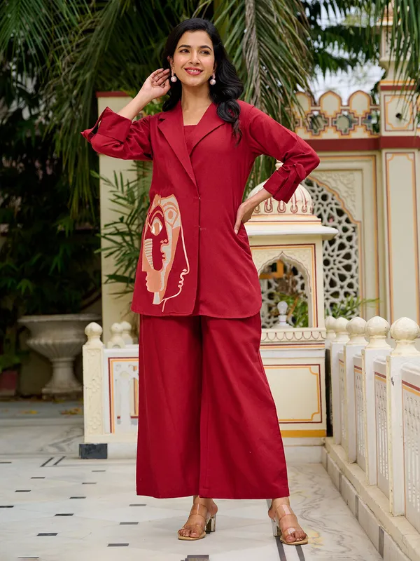 Maroon cotton silk printed palazzo set with jacket