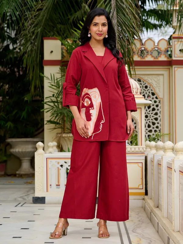Maroon cotton silk printed palazzo set with jacket