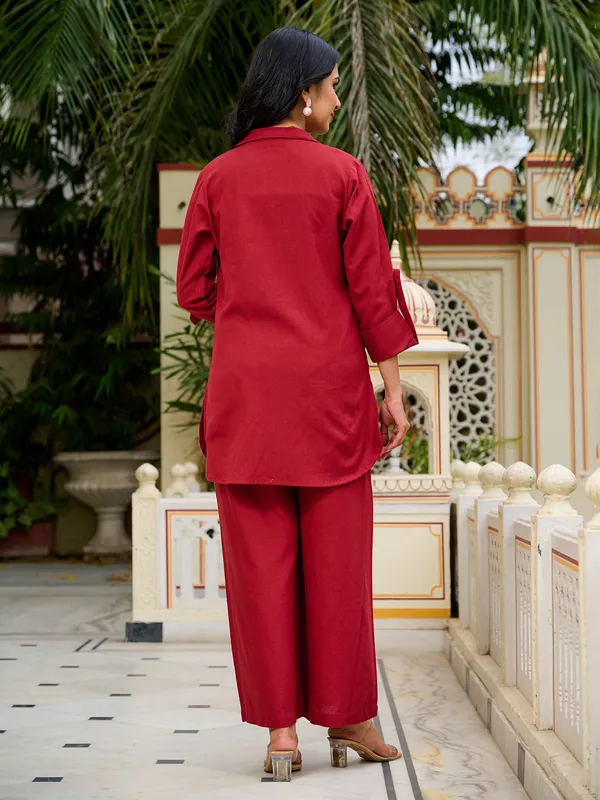 Maroon cotton silk printed palazzo set with jacket
