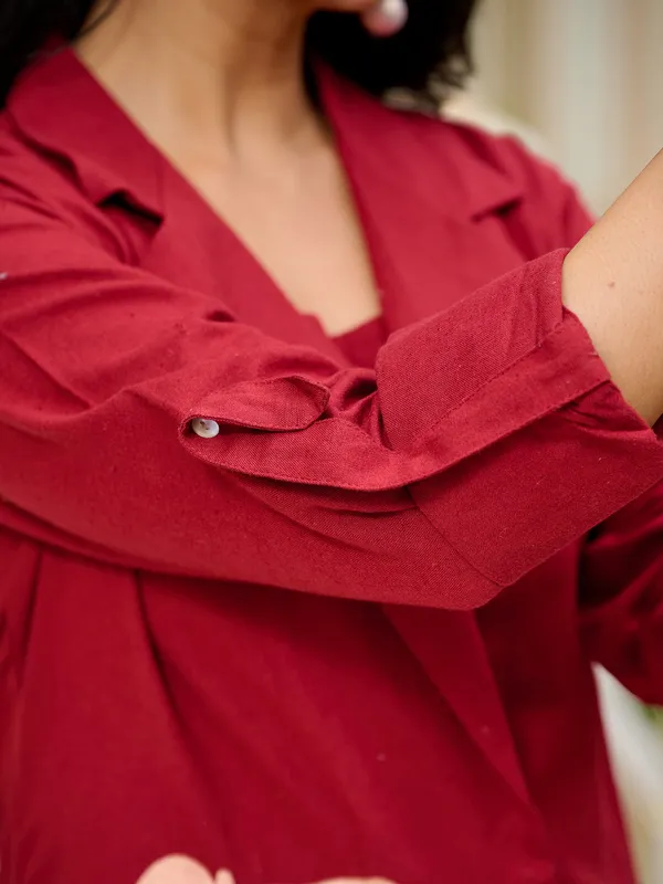 Maroon cotton silk printed palazzo set with jacket