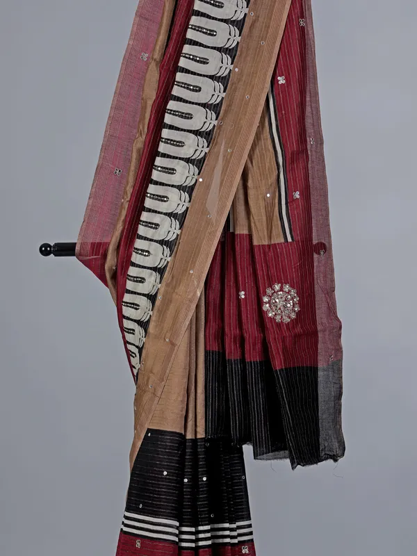 Maroon cotton silk saree with mirror detailing
