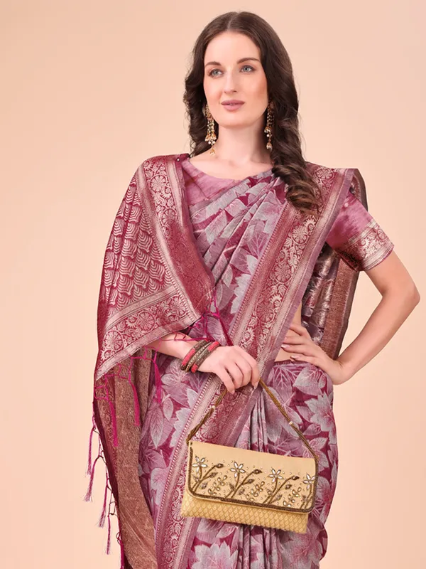 Maroon cotton silk saree with unstitched blouse