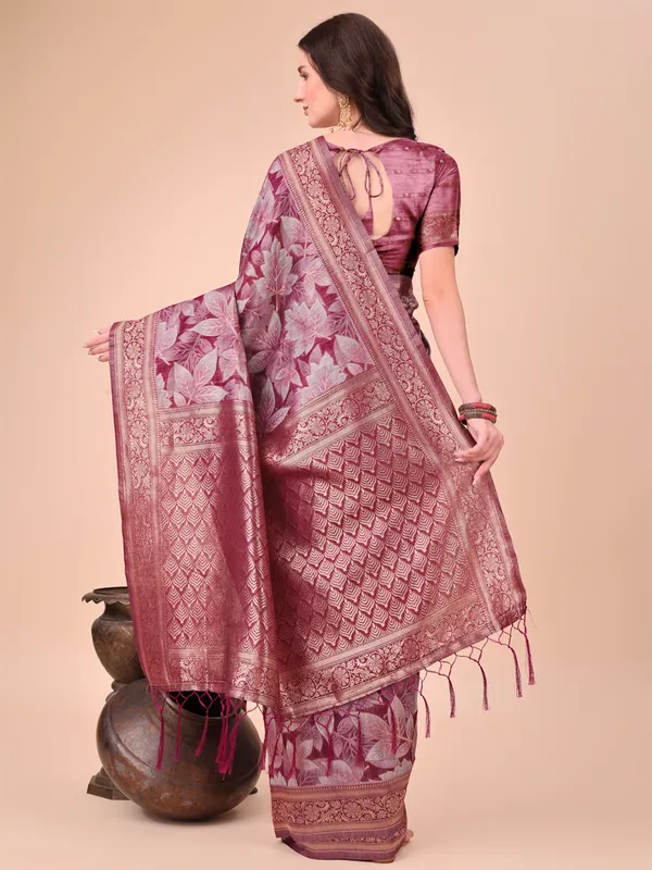 Maroon cotton silk saree with unstitched blouse