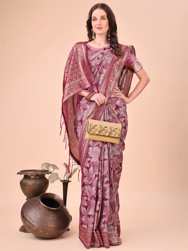 Maroon cotton silk saree with unstitched blouse