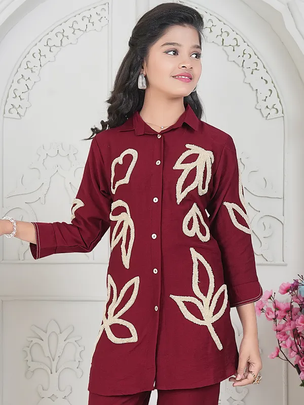 Maroon cotton thread work elegant girls co ord set