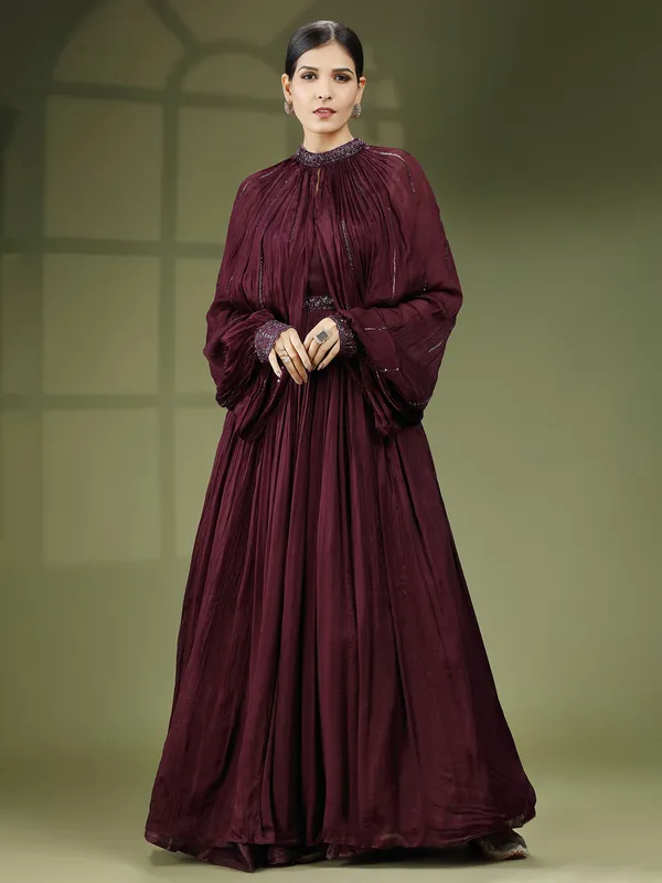 maroon designer georgette gown