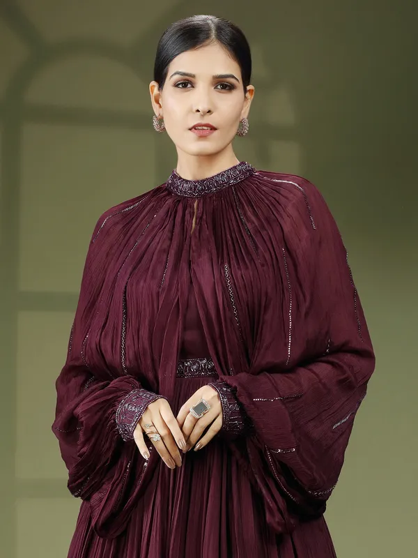 maroon designer georgette gown