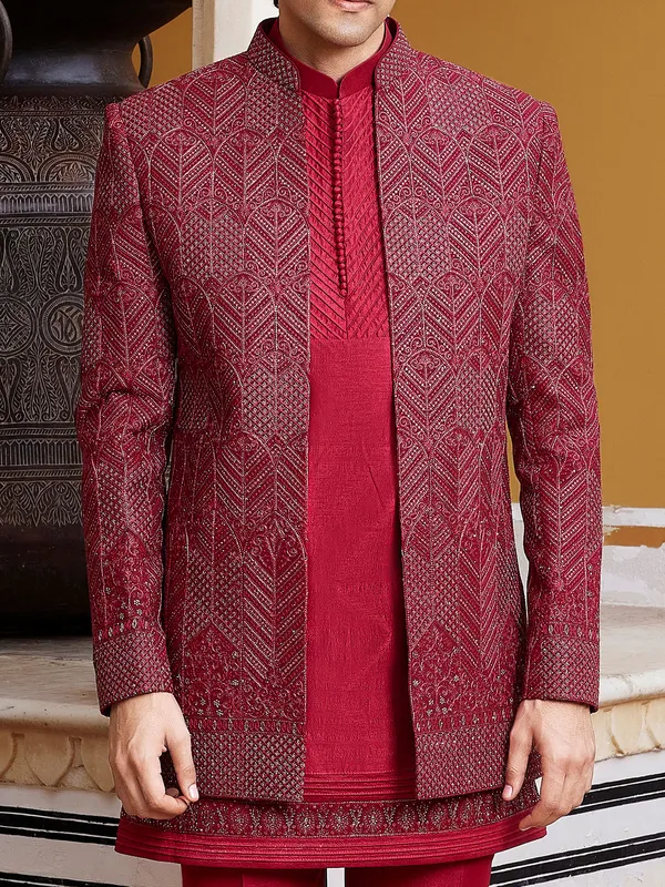 Maroon designer raw silk indo western for men