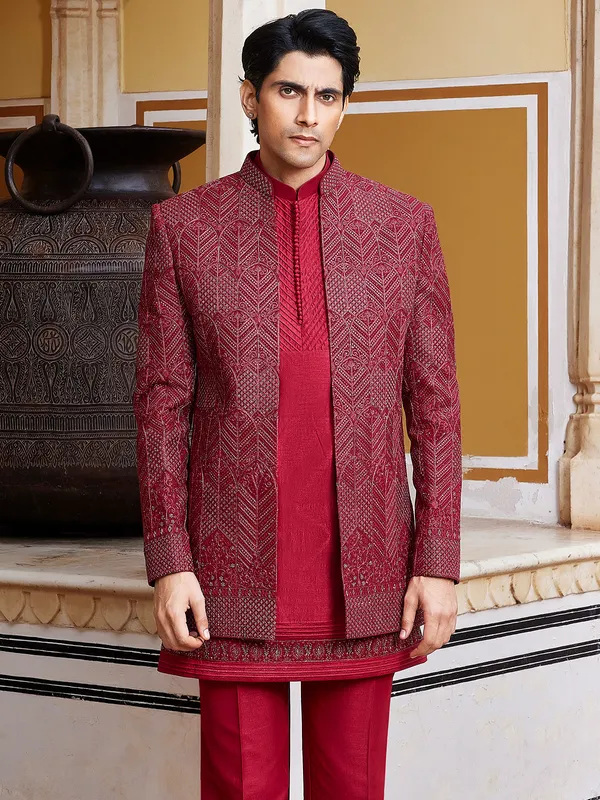 Maroon designer raw silk indo western for men