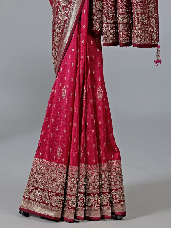 Maroon dola silk heavy wedding saree