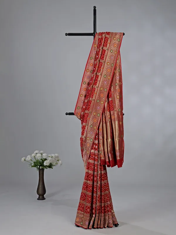 Maroon dola silk saree with bandhej print