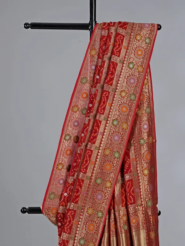 Maroon dola silk saree with bandhej print