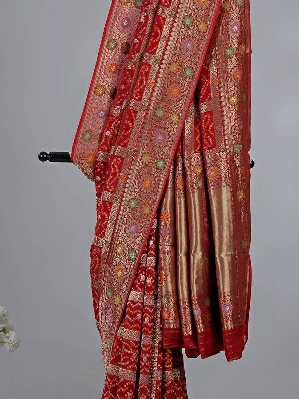 Maroon dola silk saree with bandhej print