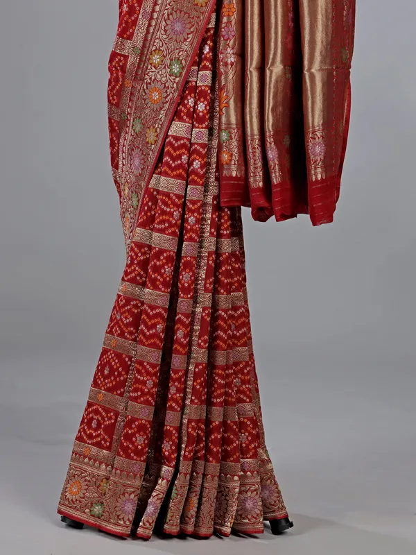 Maroon dola silk saree with bandhej print