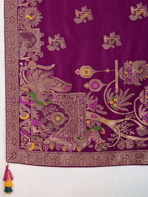 Maroon dola silk saree with stones and zari weaving