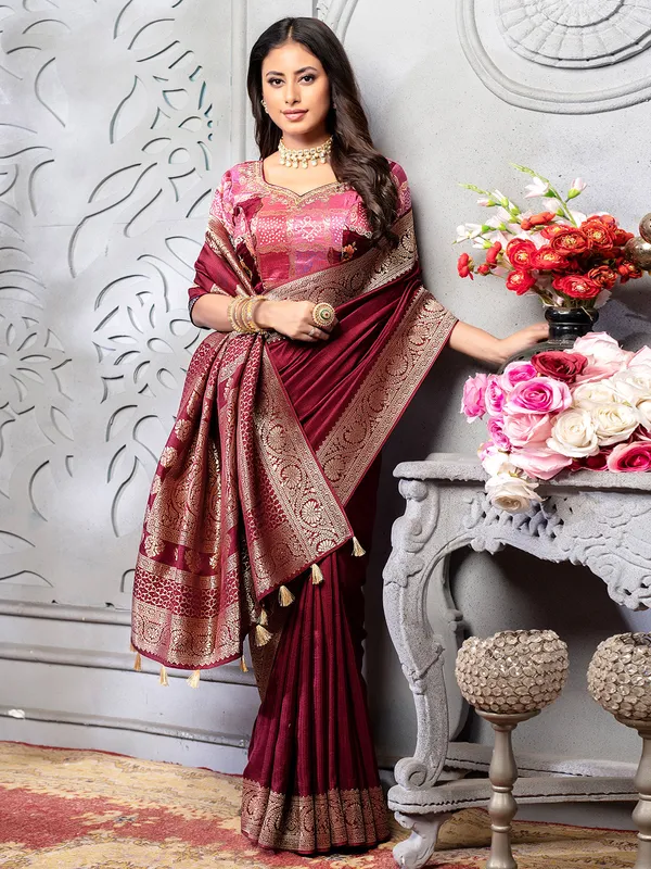 Maroon dola silk zari weaving saree