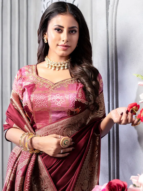 Maroon dola silk zari weaving saree