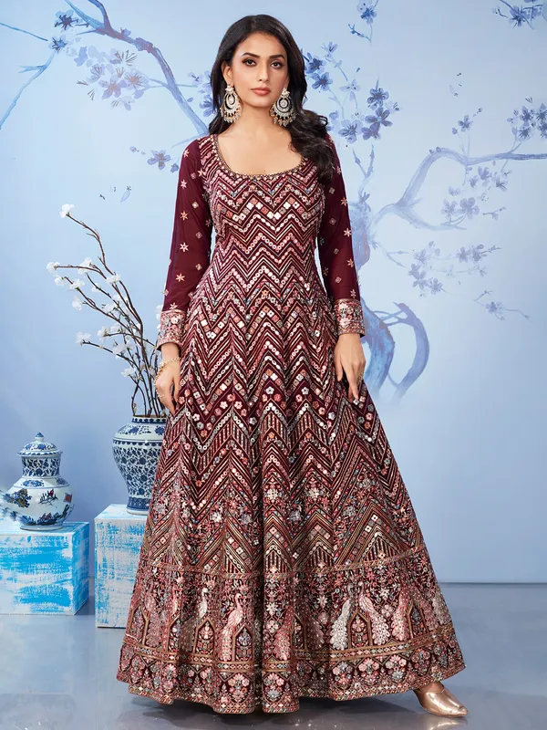 Maroon embroidery georgette anarkali salwar suit