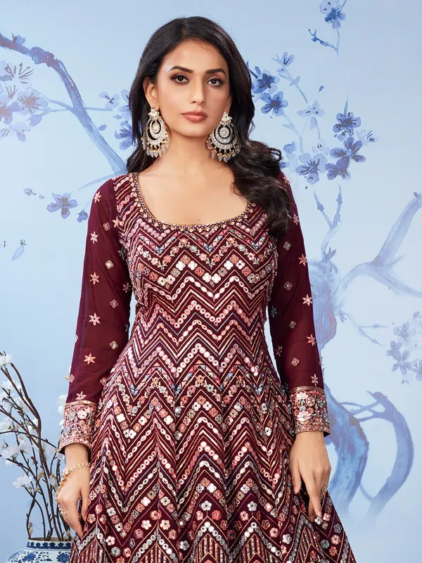 Maroon embroidery georgette anarkali salwar suit