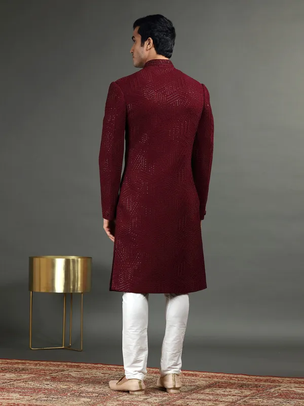 Maroon embroidery indowestern